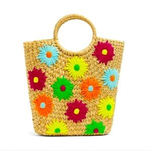 Poolside Flowers Embroidered Straw Bucket Bag